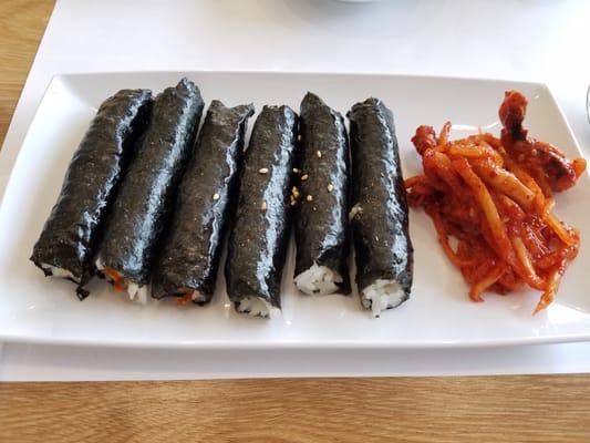 The anchovy kimbap came with a spicy squid radish side.