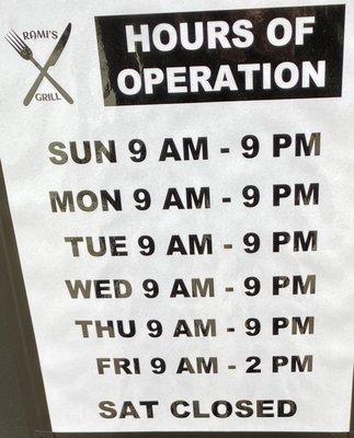 HOURS OF OPERATION - Rami's Grill at Burnside Fountain inside Park La Brea.