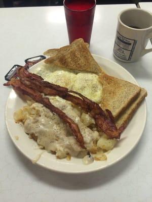 Breakfast special: 2 eggs over easy, bacon, home fries with gravy and toast. $6.75