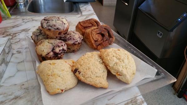 Homemade scones, cinnamon rolls, blackberry muffins