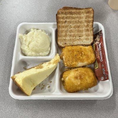 Oven roasted chicken cordon bleu, home made mashed russet potatoes, wheat toast, New York style cheesecake.