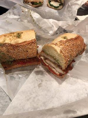 Chicken cutlet. Fresh mozzarella. Roasted red peppers. Pesto. Balsamic vinegar.