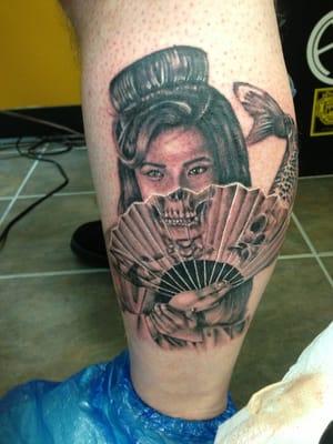 Geisha, tattoo, black and grey