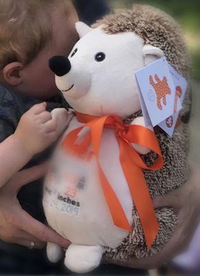 Keepsake hedgehog cubbie with birth stat embroidery for neph #2.