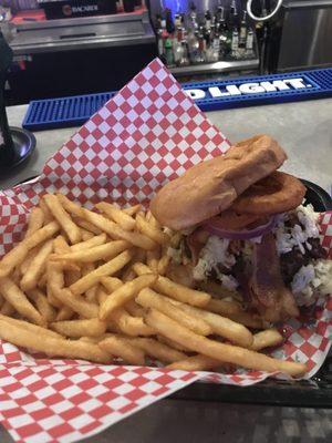 Southern gentleman's burger with bacon and tomato added! Mouth watering good. So big could only eat half