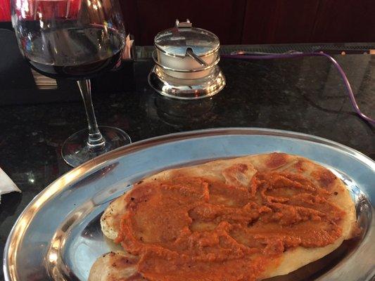 Albanian cheese burek witj Ajvar and Albanian wine