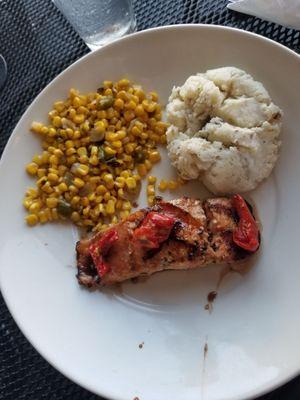 Herb grilled salmon, mashed potatoes and fire roasted corn!
