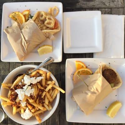 Calamari wrap, falafel wrap, and Zeus fries!
