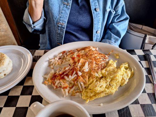 Scrambled eggs and hash browns. Lots of food!