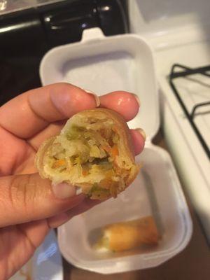 Spring roll. Mush inside and old discolored cabbage