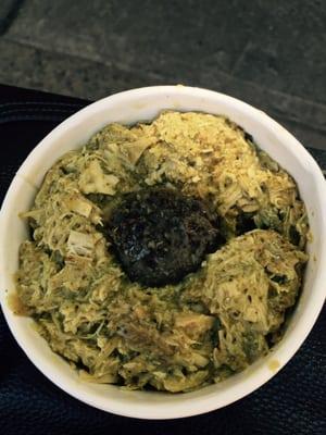 Pulled chicken and a mini meatball... Collard greens are on the bottom. Amazing!