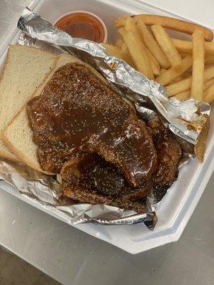 Pork chop basket dipped in Garlic Honey BBQ