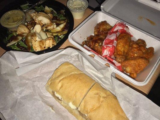 Pear Gorgonzola salad, wings, roast beef sandwich