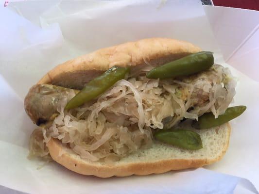 Polish sausage with hot peppers.