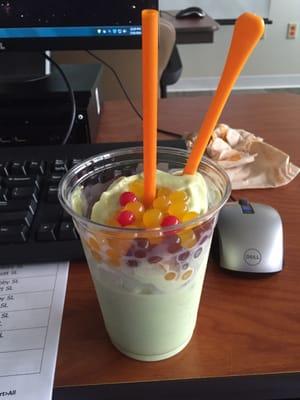 Got me a pistachio shake with blueberry, strawberry and mango balls.