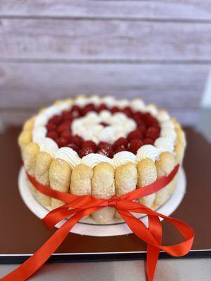 Raspberry Charlotte-Fresh lady fingers surrounding raspberry Bavarian cream