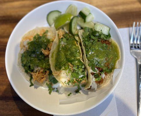 2 chicken tinga tacos + 1 Chorizo taco