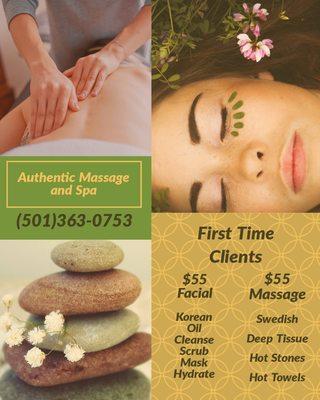 First time Massage or Facials are $55!