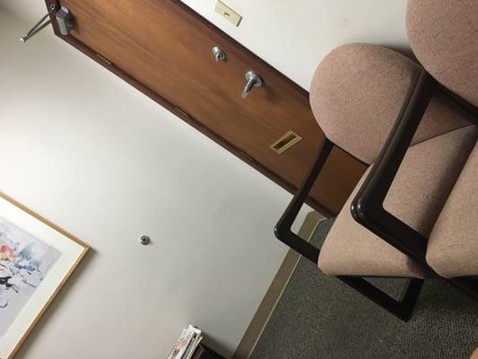 not much. very tiny with 5 chairs and magazines on 2 tables.. killing time but freezing in this office..nice dr though. now waiting lol