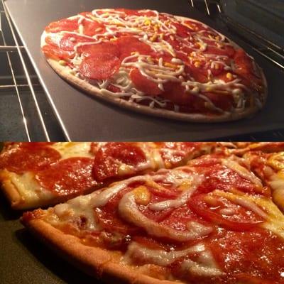Gluten Free crust with extra pepperoni, just put in the oven and the final crispy result.