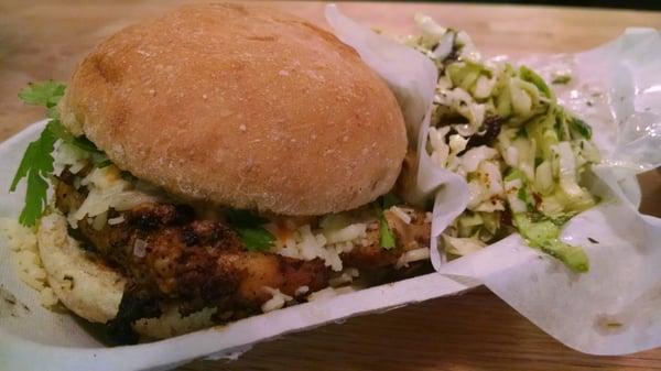 Grilled chicken sandwich with chipotle mayo, Beecher's flagship cheese & sweet cole slaw, delish!