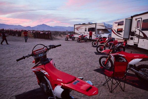 Bikes lined up at Black Mountain Ranch for Honda's CRF450X media ride event.