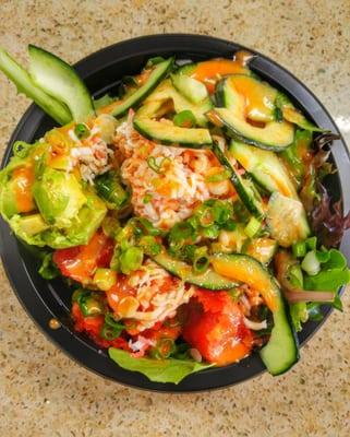 Small bowl with spicy tuna & spicy salmon plus ALL toppings minus the eggs