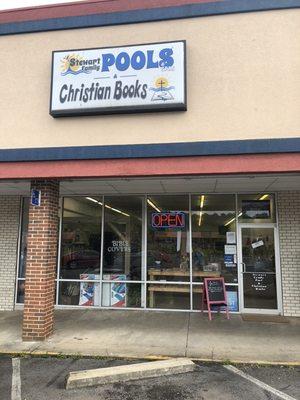 Swimming pool supplies and Christian bookstore