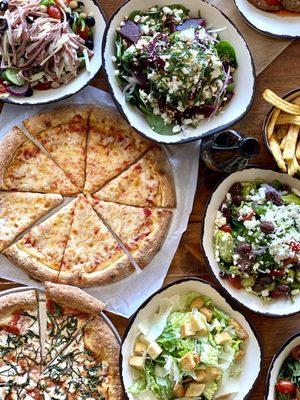 Cheese pizza, Margarita pizza, salads.