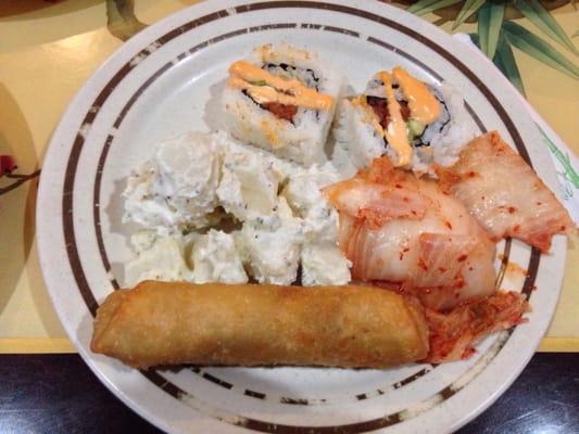 Egg roll, Kim cho, potato salad, sushi rolls