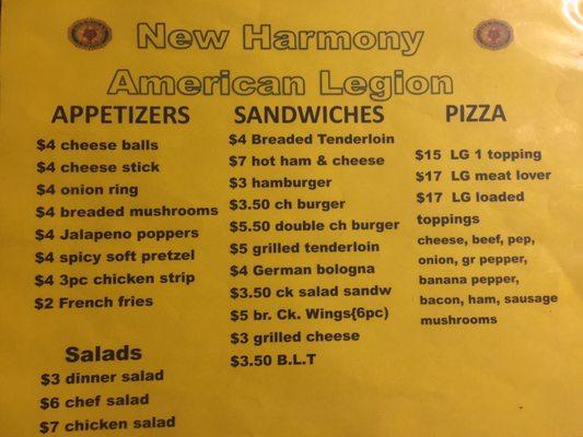 Menu for American Legion Post 370  Definitely recommend the Pizza!  Cheap drinks and good food!