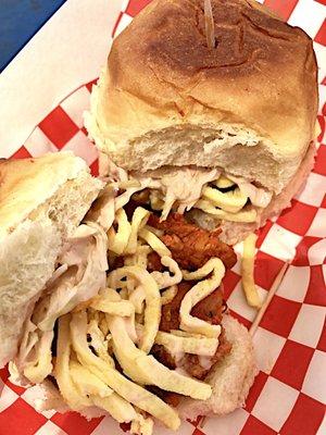 Korean Sliders? Hey, we'll take it. Incidentally, the lighting make it look like all julienned eggs. It's actually their cole slaw too.