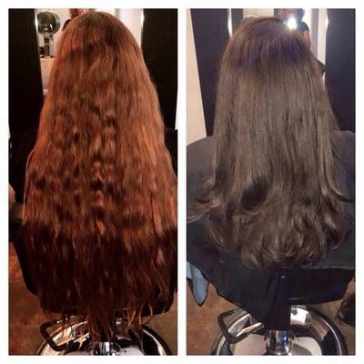 Transformation Tuesday! Cut 8 inches off, added layers and went from a coppery red to a beautiful chocolate brown.