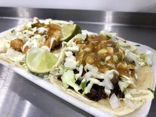 Pastor ($1.75) and Fish ($2.25) Tacos
