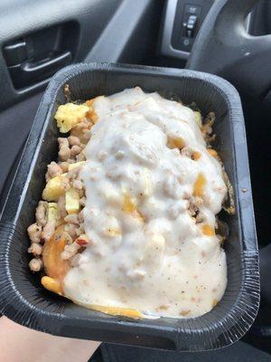 Breakfast from a gas station... I feel fine so far so it's good! It's savory and hearty. Not worth the 4 bucks though but worth a try.