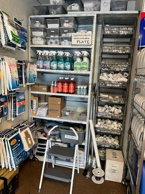 Cleaning chemicals and central vacuum fittings.