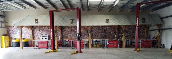 Three 10k lifts, one 12k lift, one 1500lb motorcycle/ATV lift and four flat bays with jacks and jack stands available