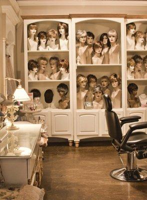 A selection of wigs that can be tried on to be able to find what one fits you best.