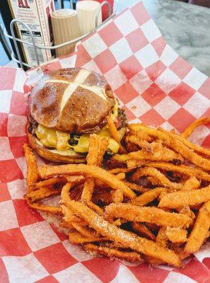 Texas Burger: Cheddar, Grilled Onions, Bacon, BBQ Sauce ..pretzle bun..Cinnamon Sugar Sweet Potatoes Fries