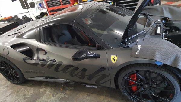 2017 Ferrari 488 in for custom work stereo & Radar with jamming system, custom build skid plates for front bumper .