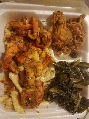 Shrimp Alfredo Fried Chicken (order) Collard greens (additional side)