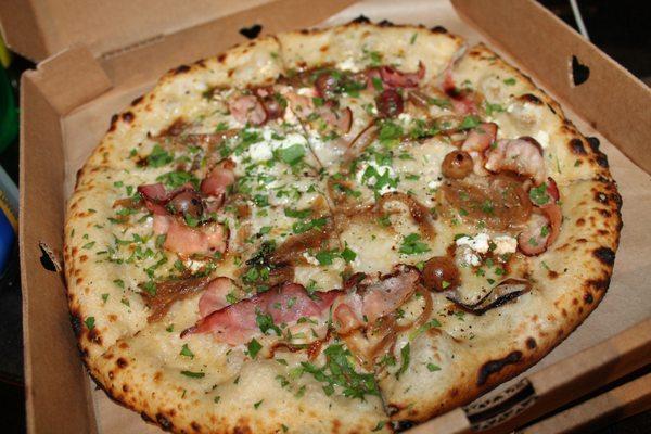 Bacon pizza. Crust is much thinner than it looks and the bacon wasn't crispy at all -- too soft. After I removed bacon, it wasn't bad though