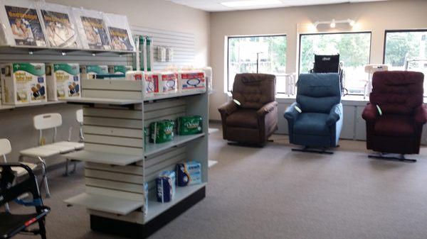 One side of the Gastonia showroom. As you can see, we offer incontinent aids and seat lift chairs.