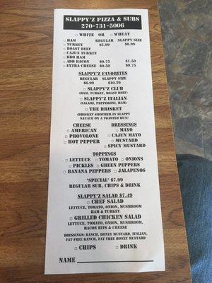 Sub & pizza menu