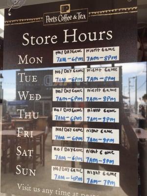 Their hours, based on an SF Giants' day or night games.