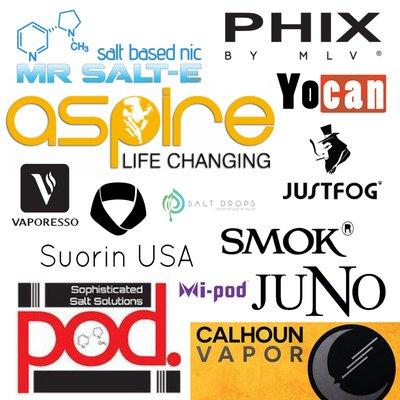 Just a sample of the many brands we support at Calhoun Vapor.