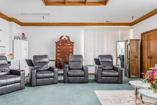 Luxury theatre recliners for groups and individuals.