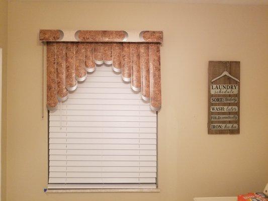 designer valance over wood blinds