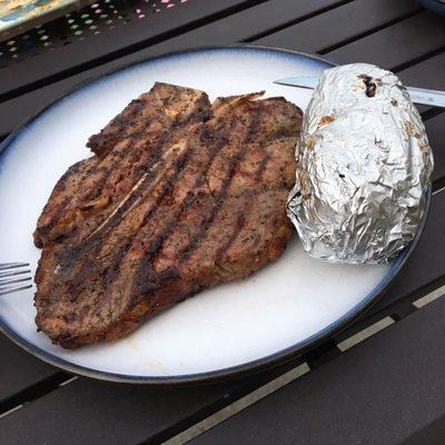 Mickey's recently added a backyard patio grill. I thoroughly enjoyed the T-bone steak w/ baked potato tonight!