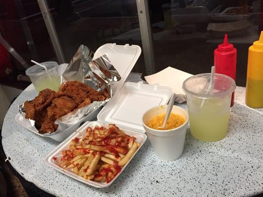 Chicken bucket, Large mac and cheese, fries and lemonade!